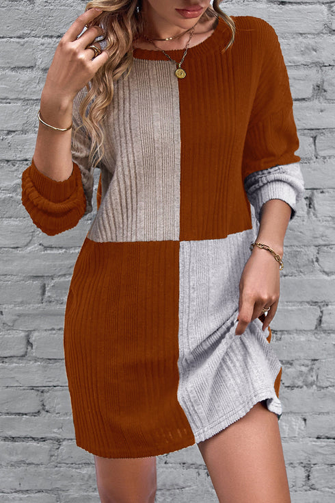 Ribbed Color Block Drop Shoulder Long Sleeve Mini Dress